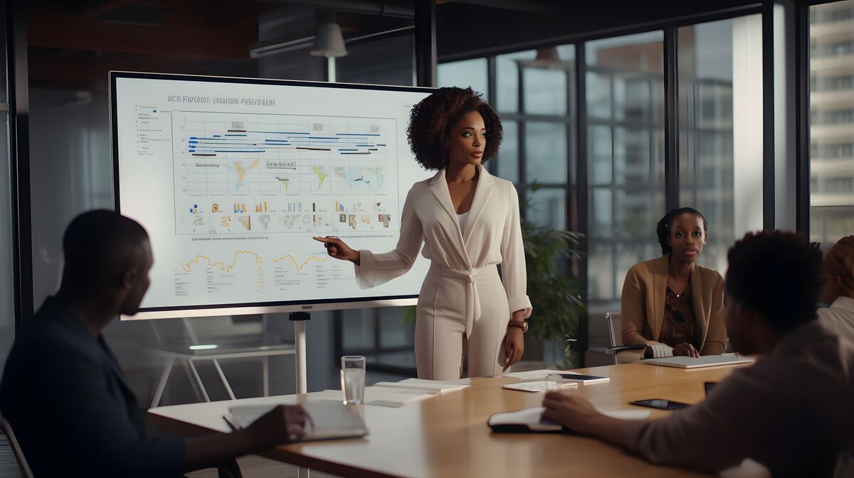A researcher presenting regional data charts to a boardroom